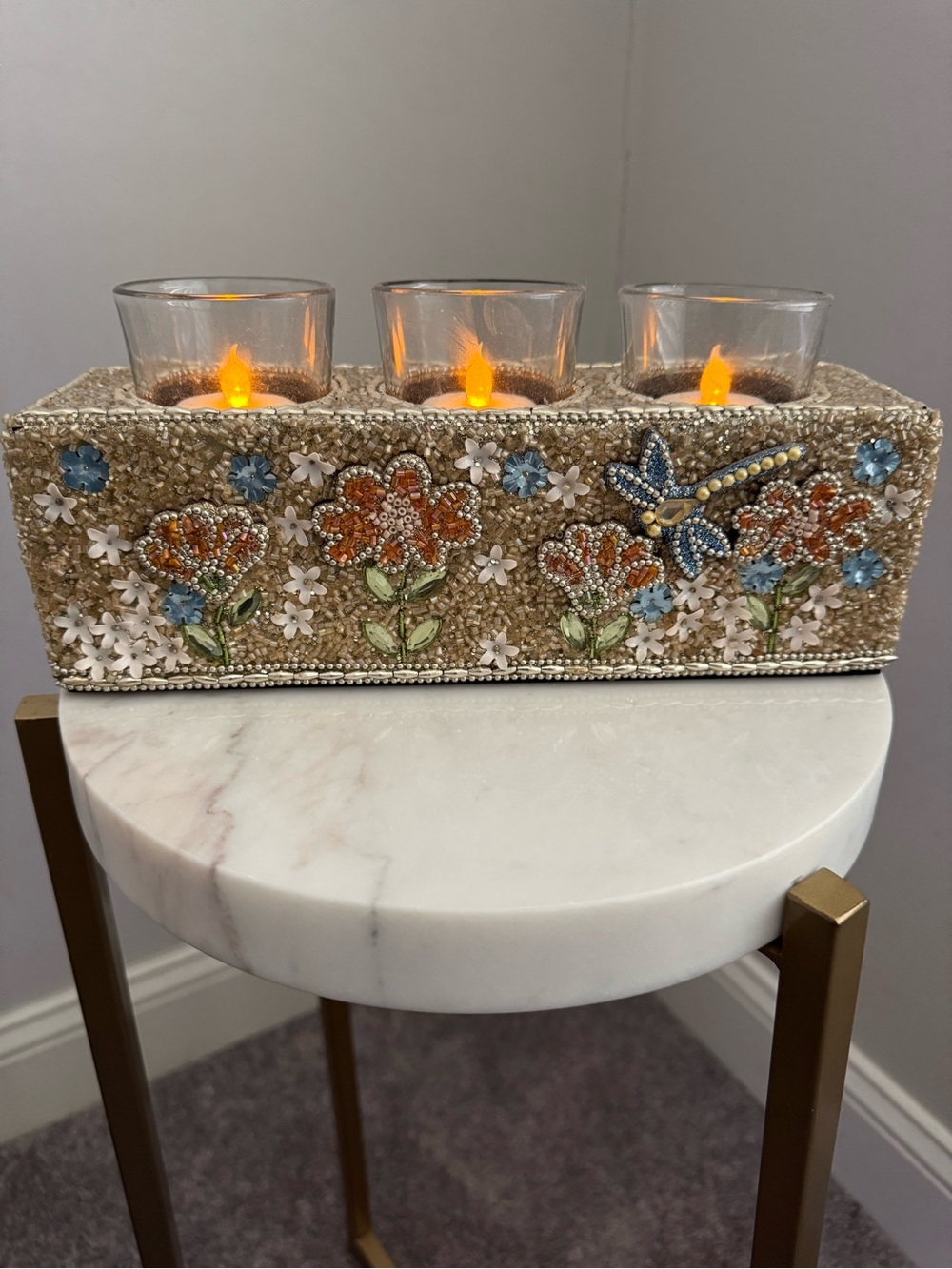 Embellished Floral Rectangular Tea Light Holder Glass Beads Made in India